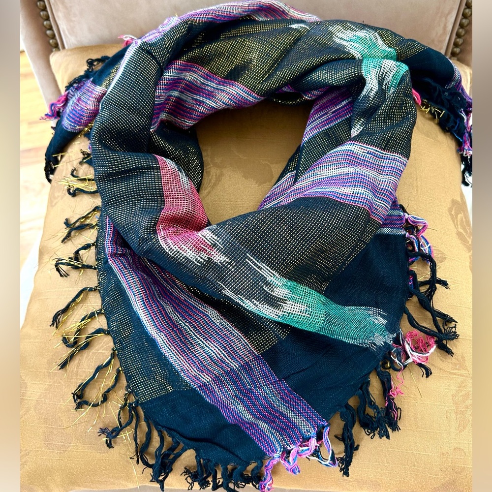 Lauren Liz Black/Metallic Gold Multicolored Aztec Southwestern Scarf